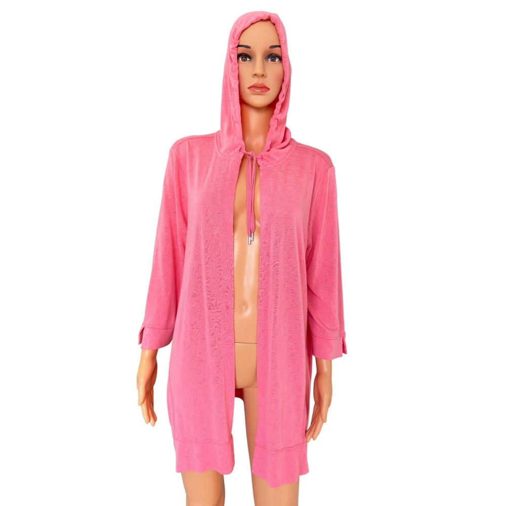 Weekends by Chico's Pink Hooded Open Cardigan Size 2 Large 3/4 Sleeve Pocket